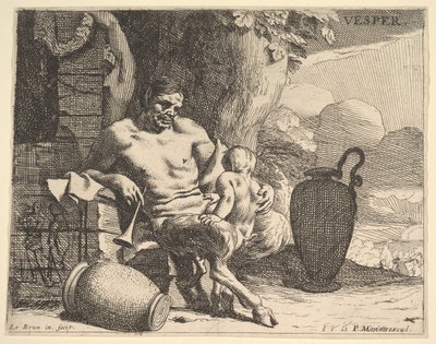 Abend: ein sitzender Satyr umarmt sein Kind, eine Figur hängt einen Kranz an einen Pfeiler von Charles Le Brun
