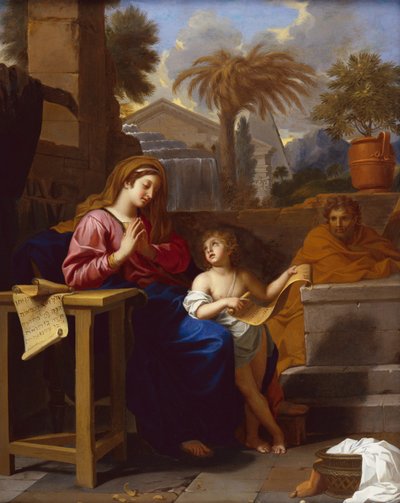Die Heilige Familie in Ägypten mit dem Jesuskind, das eine hebräische Schrift liest von Charles Le Brun