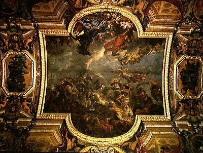 Ansicht des Königs, der Maastricht in dreizehn Tagen im Jahr 1673 einnimmt und den Rhein in Anwesenheit der Feinde im Jahr 1672 überquert, Deckenmalerei aus der Galerie des Glaces von Charles Le Brun