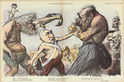 Emile Combes versucht, Camille Pelletan und Maurice Rouvier auseinanderzuhalten, Illustration für Le Rire von Charles Leandre
