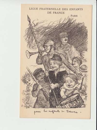 Postkarte, Satirisch in Schwarz-Weiß: Ligue fraternelle des enfants de France - Krieg von 14-18, Musik, Kindheit, Ligue fraternelle des enfants de France - Soldaten Illustration von Charles Leandre von Charles Leandre