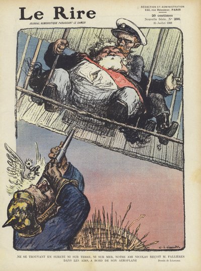 Satire, die den französischen Präsidenten Armand Fallieres zeigt, wie er mit Zar Nikolaus in einem Flugzeug fliegt von Charles Leandre