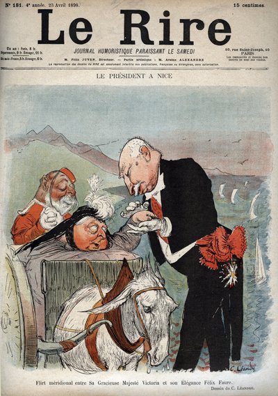 Der Präsident in Nizza - Der französische Präsident Félix Faure traf Königin Victoria in Nizza - Karikatur von Charles Leandre (1862-1934) in „Le Rire“ vom 23. April 1898 von Charles Leandre