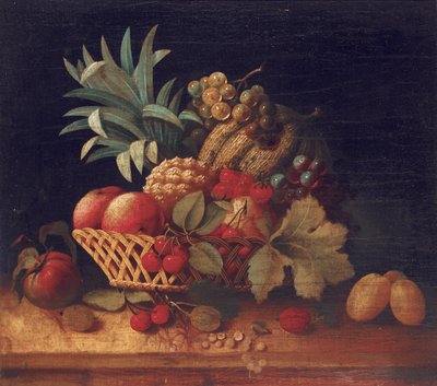 Trauben, Pflaumen, Kirschen, Pfirsiche, ein Apfel, eine Ananas und eine Melone in einem Weidenkorb von Charles Lewis