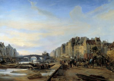 Marie-Brücke und Saint-Paul-Hafen um 1825. Ansicht von Paris. Gemälde von Charles Louis Mozin von Charles Louis Mozin