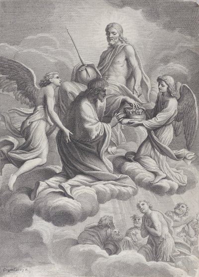 Saint Louis von Frankreich wird von Christus und zwei Engeln in den Himmel aufgenommen, die ihm die Krone anbieten von Charles Louis Simonneau
