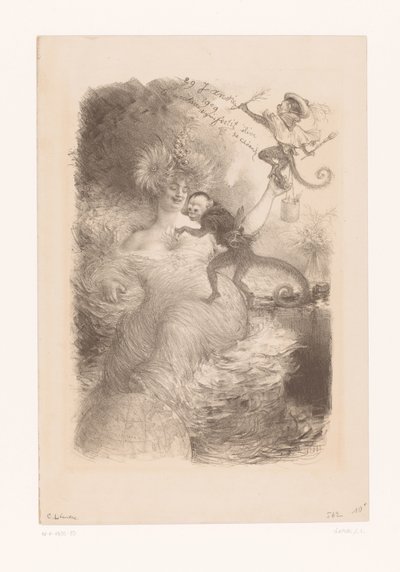 Frau mit Globus, Papierstapeln und zwei Affen von Charles Lucien Leandre