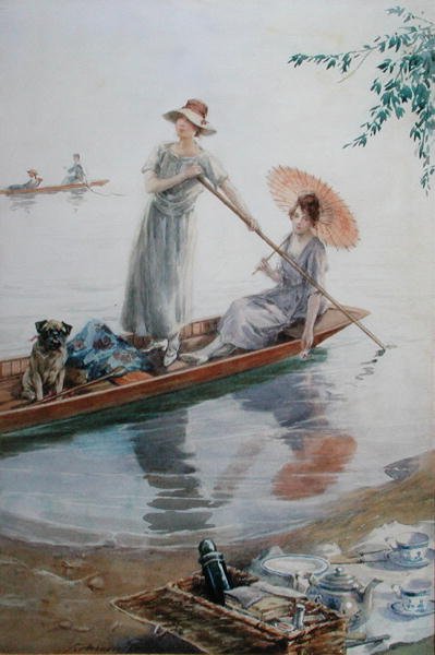 Zwei Mädchen mit ihrem Mops paddeln zurück zu ihrem Picknick von Charles MacIvor or MacIver Grierson