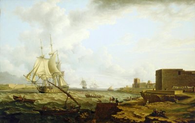 Ein drittklassiges Kriegsschiff der britischen Royal Navy, das in den Hafen von Port Mahon (Spanien) einfährt, mit einem kleinen Boot, das Offiziere zum Dock auf der rechten Seite bringt von Charles Martin Powell