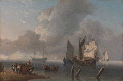 Kriegsschiffe vor Anker, der kommandierende Admiral wird zur Flaggschiff gerudert, deren Segel von einer Wolkenlücke beleuchtet werden von Charles Martin Powell