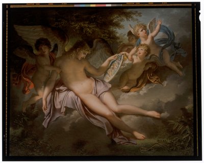 Amor weint über den Verlust von Psyche, deren Porträt er in den Händen hält von Charles Meynier