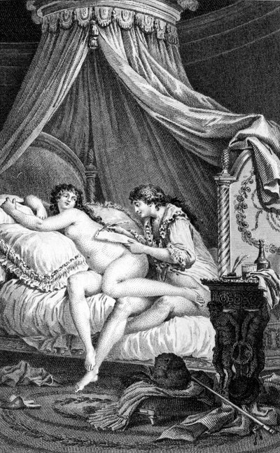 Illustration für „Gefährliche Liebschaften“ von Choderlos de Laclos. Gravur von Charles Monnet (1732 - 1808): Valmont schreibt einen Brief auf dem Rücken von Emilie (einer Kurtisane) von Charles Monnet