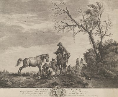 Ein Unfall beim Reisen, ein kniender Mann repariert einen gebrochenen Sattel, ein Pferd uriniert, 1740-50 von Charles Nicolas Cochin