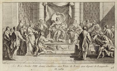 König Karl VIII. von Frankreich hört die Abgeordneten aus Languedoc bei den Generalständen in Tours an von Charles Nicolas II Cochin