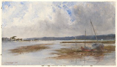 Flusslandschaft mit gestrandeten Booten von Charles Parsons