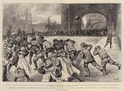 Eine günstige Unterhaltung, Schulkinder auf der Tower Bridge beobachten einen großen Dampfer von Charles Paul Renouard