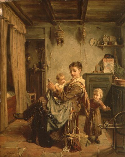 Cache-Cache, ein Innenraum mit Mutter und Kind von Charles Petit
