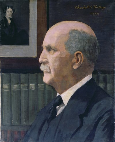 William Henry Bragg (1862-1942) mit einem Bild von Michael Faraday (1791-1867) im Hintergrund, 1939 von Charles Phillips