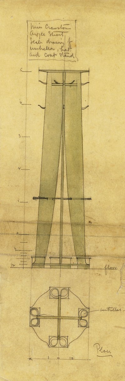 Design für einen Schirm-, Hut- und Kleiderständer, in Ansicht und Plan, ca. 1898-1899 von Charles Rennie Mackintosh