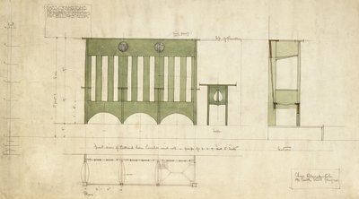 Entwurf für Bänke und einen Tisch, in Aufriss und Schnittplan dargestellt von Charles Rennie Mackintosh