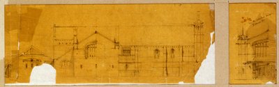 Entwurf für die Fassade einer Kirche in Aufriss und ein Nebendesign für den Eingang der Kirche, in Aufriss, ca. 1895-99 von Charles Rennie Mackintosh