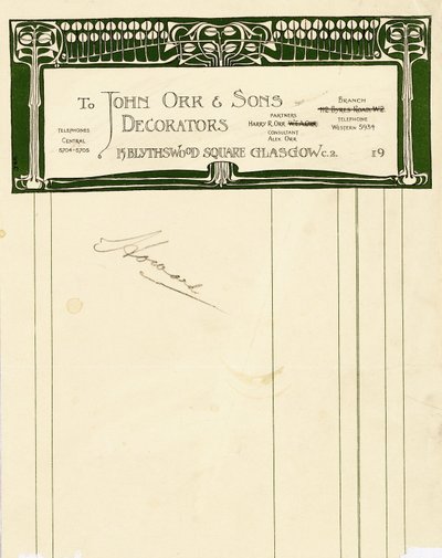 Briefpapierdesign für John Orr & Sons, Glasgow, ca. 1894-1898 von Charles Rennie Mackintosh