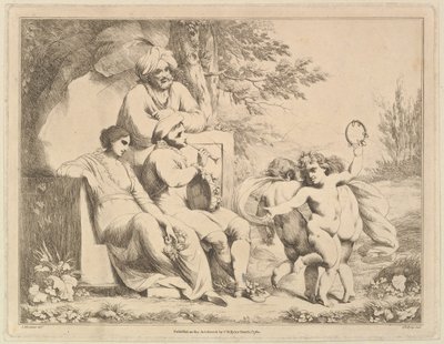 Drei Putti tanzen zu einem Pfeifer, 1. März 1780 von Charles Reuben Ryley