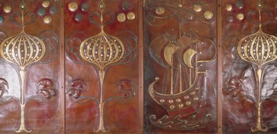 Geprägte, bemalte und vergoldete Lederpaneele, hergestellt von der Guild of Handicraft, 1892 von Charles Robert Ashbee