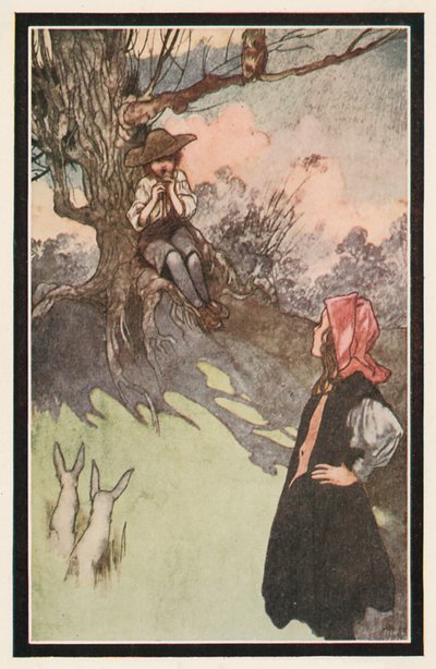 Ein Junge saß unter einem Baum und spielte auf einer groben Holzpfeife von Charles Robinson