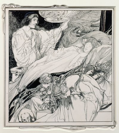 Dort lag sie, so schön aussehend, Illustration aus Briar Rose, Die wahren Annalen des Märchenlandes - Die Herrschaft von König Herla, veröffentlicht von J.M. Dent & Co. Ltd., 1900 von Charles Robinson