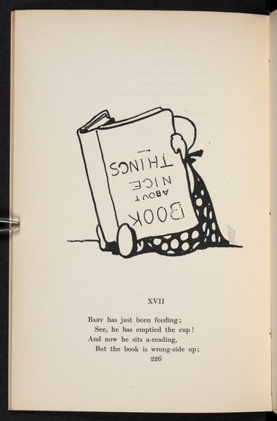 XVII. Ein Reim. Ein Kind liest ein Buch verkehrt herum. von Charles Robinson