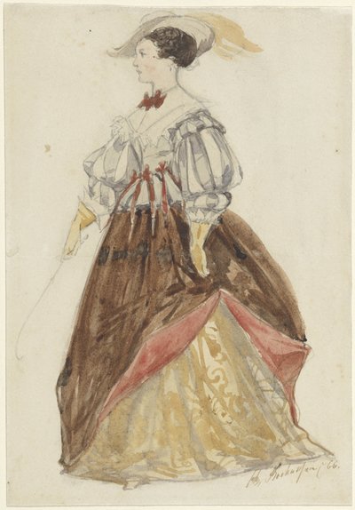 Frau in reichem Kostüm, mit Hut und Peitsche in der Hand von Charles Rochussen