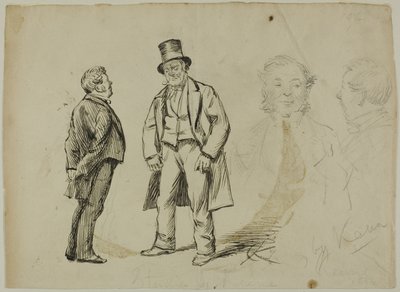 Skizze von zwei stehenden Männern und zwei Porträts von Charles Samuel Keene