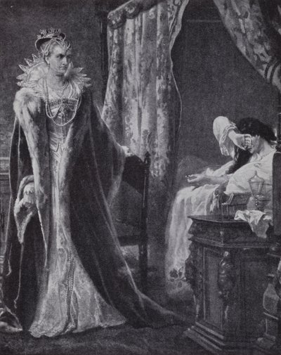 Gräfin von Nottingham bringt den Ring des Earl of Essex zu Königin Elizabeth I. zurück, aber zu spät, um ihn vor der Hinrichtung zu retten (Lithografie) von Charles Soubre