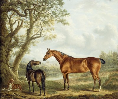 Jäger und ein Spaniel in einer weiten Landschaft, 1827 von Charles Towne