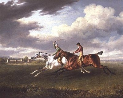 Zwei Rennpferde mit Jockeys, die in einer Landschaft trainieren von Charles Towne