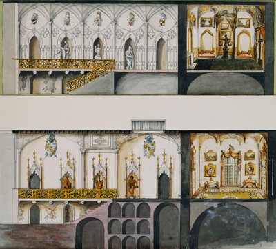 Alternative Projekte für die Halle, Galerie und das Zeichenzimmer im Charleville Castle: Schnitte von Charles William Bury