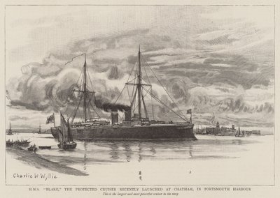 HMS Blake, der kürzlich in Chatham gestartete Geschützte Kreuzer im Hafen von Portsmouth von Charles William Wyllie