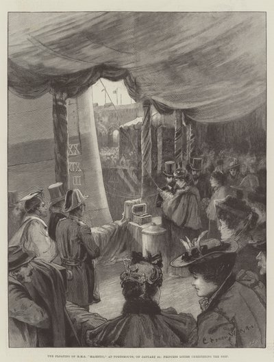 Das Schwimmen der HMS Majestic in Portsmouth am 31. Januar, Prinzessin Louise tauft das Schiff von Charles William Wyllie