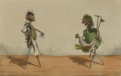 Belebte Werkzeuge, Tafel 2, gewidmet den Zimmerleuten und Gärtnern Großbritanniens, ca. 1811 (handkolorierte Radierung) von Charles Williams
