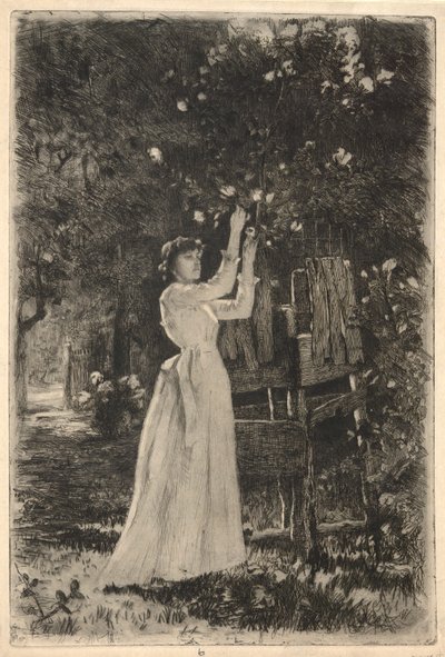 Eine junge Frau pflückt Blüten von einem Baum von Charles Yardley Turner