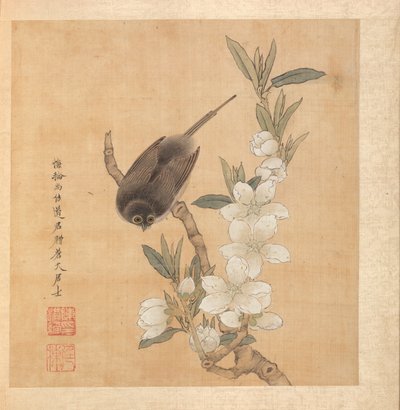 Gemälde nach alten Meistern: Ein Vogel und ein Pfirsichblütenzweig, Albumblatt von Chen Hongshou