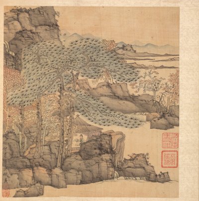 Gemälde nach alten Meistern: Gelehrter liest in einer Strohhütte am Wasserfall, 1598-1652 von Chen Hongshou