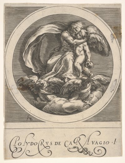 Jupiter, sitzend über zwei Adlern und Amor umarmend, eine runde Komposition aus einer Serie, ca. 1590 von Cherubino Alberti