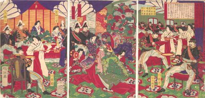 Führer der Befriedung der Kagoshima-Rebellen feiern mit Tassen, 20. September 1877 von Chikanobu Yoshu