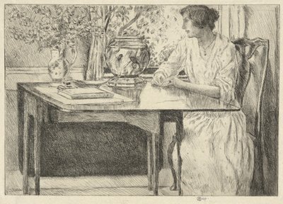 Der Koloniale Tisch (Holley House, Cos Cob) (recto); Landschaft mit Scheune (verso) von Childe Hassam