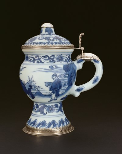 Blau-weißer Senftopf mit Deckel, bemalt mit einem Gelehrten und einem Diener, Chongzheng, 1635-40 (Porzellan) von Chinese School