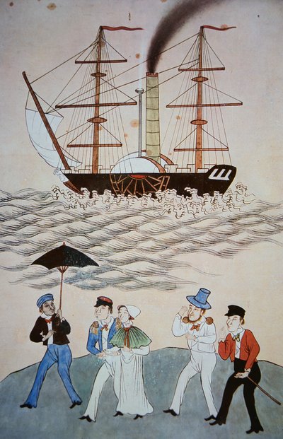 Chinesisches Gemälde des ersten britischen Dampfschiffs und Passagiere, die in Kanton landen, ca. 1840 von Chinese School