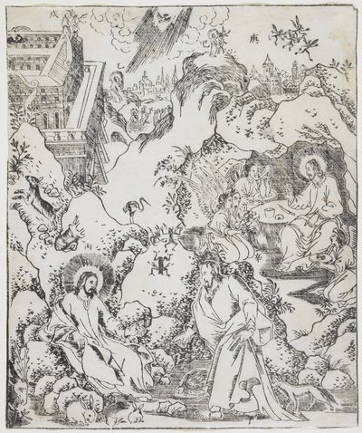 Christus in der Wüste, Platte aus Giulio Alenis Tianzhu jiangsheng zhuxiang jingjie (Eine illustrierte Geschichte des Herrn des Himmels, der Fleisch geworden ist), Jinjiang Kirche, Provinz Fujian von Chinese School