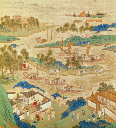 Kaiser Hui Tsung (r.1100-26) transportiert durchbohrte Steine und seltsam geformte Bäume, aus einer Geschichte der Kaiser von China von Chinese School